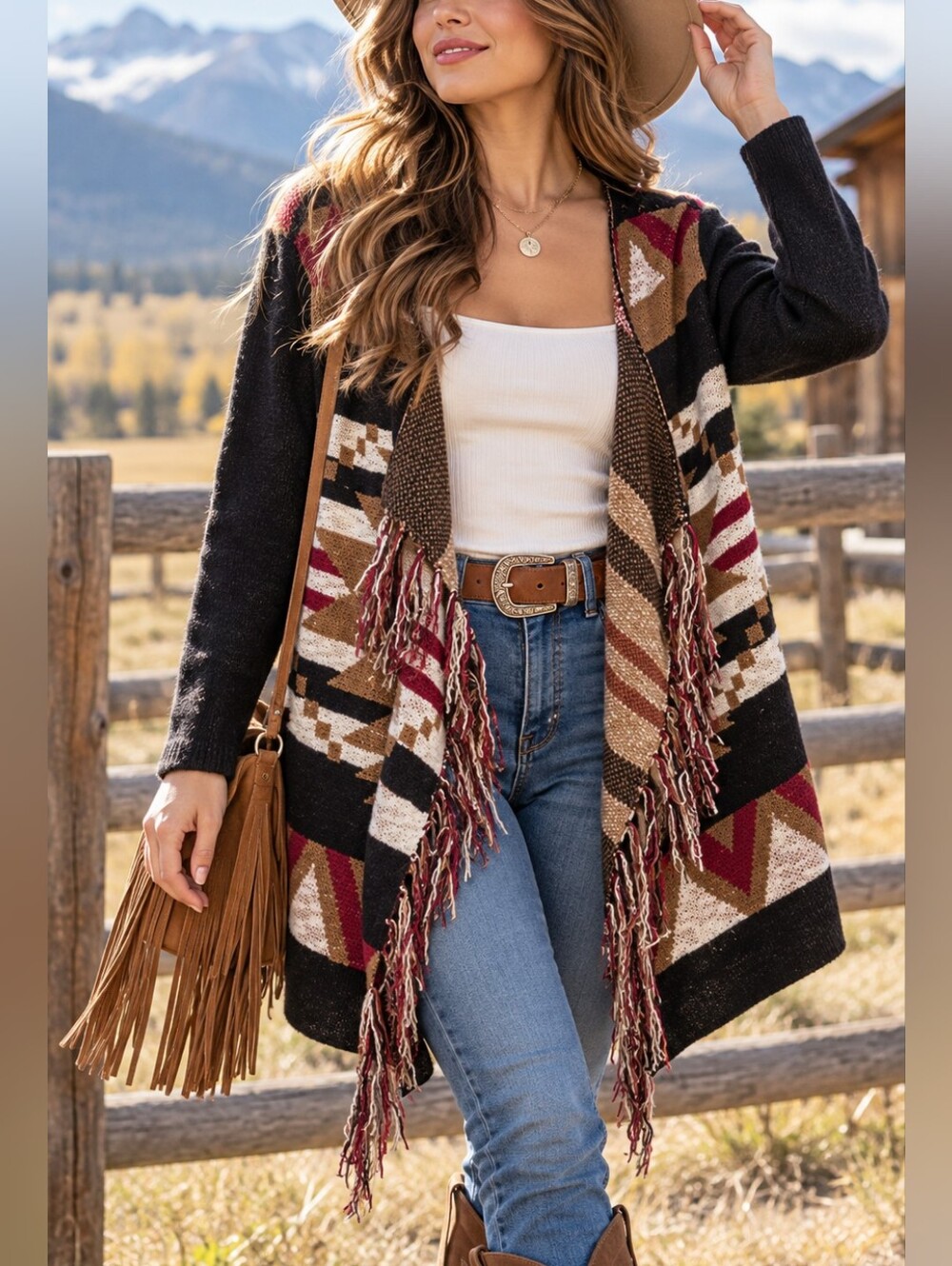 ONLY Aztec Fringe Cardigan Open Front Western Boho Size S